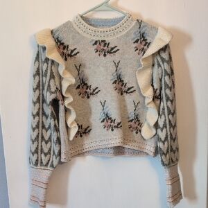 Floral Patterned Sweater with Ruffle Details